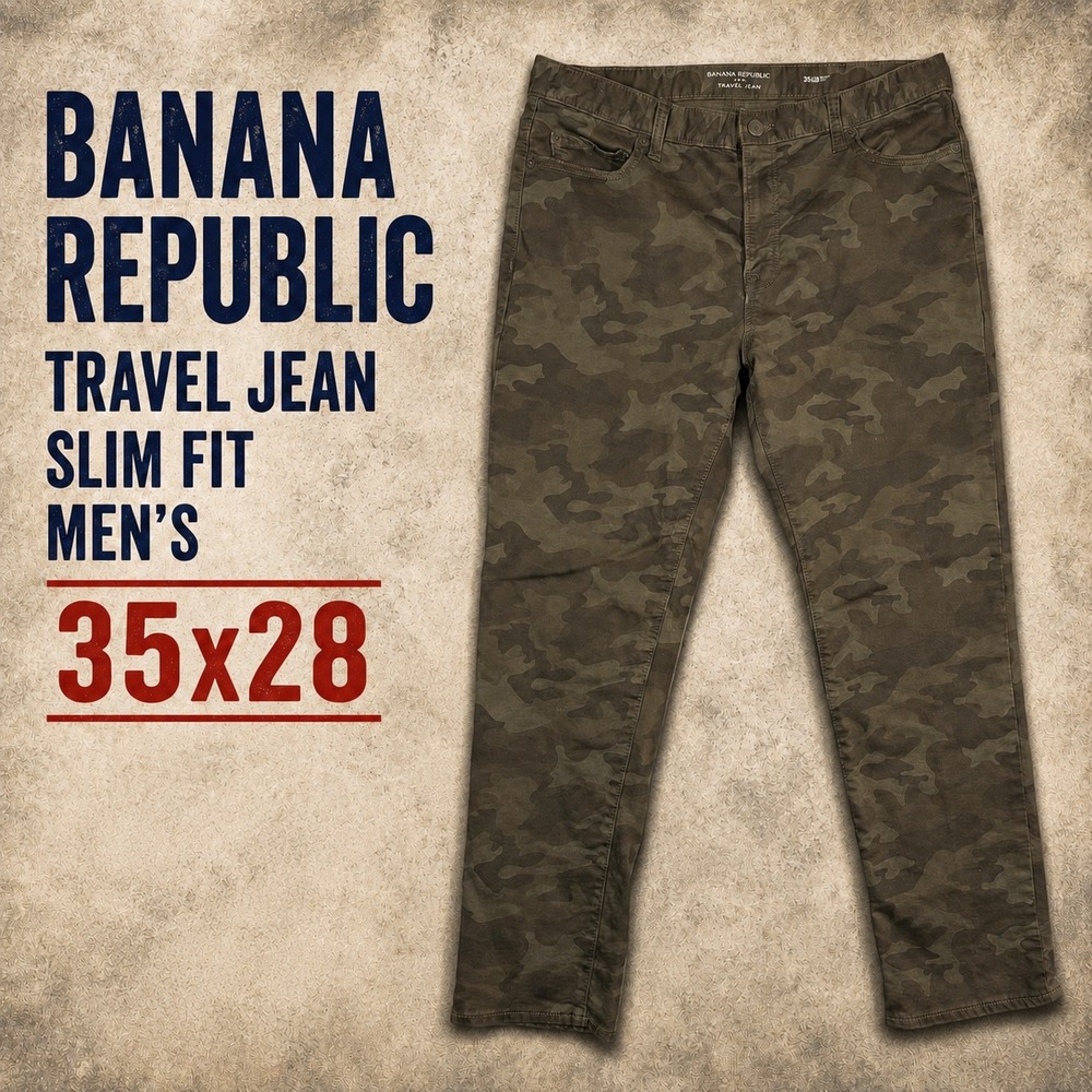 Banana Republic‎ Travel Jean Mens 35x28 Slim Fit Camo Green Brown Pants Hemmed